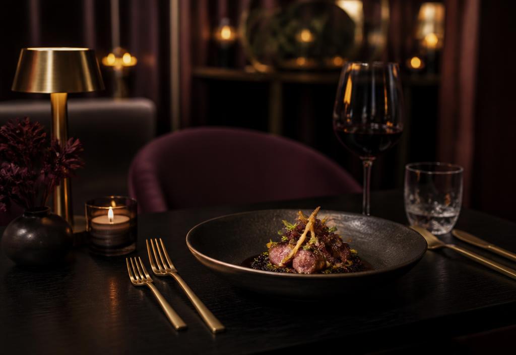 Warmly lit fine-dining table setting used for the Cove Grill website concept